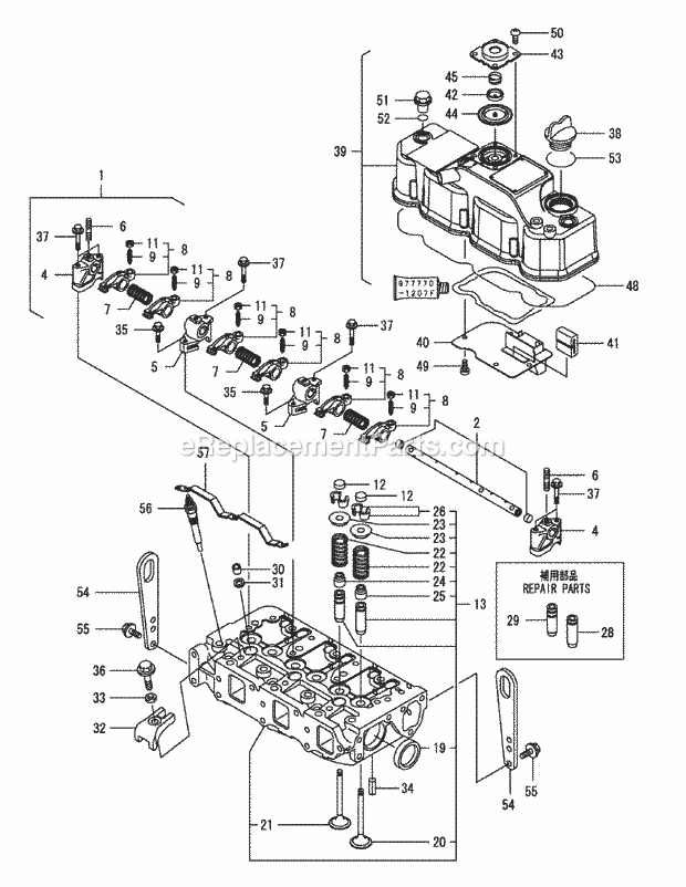 Yanmar 3tnv82a-Bdcb Cylinder Head & Bonnet Diagram and Parts List for S6032-D 53AY8DU6050-312HP Cub Cadet Lawn Tractor